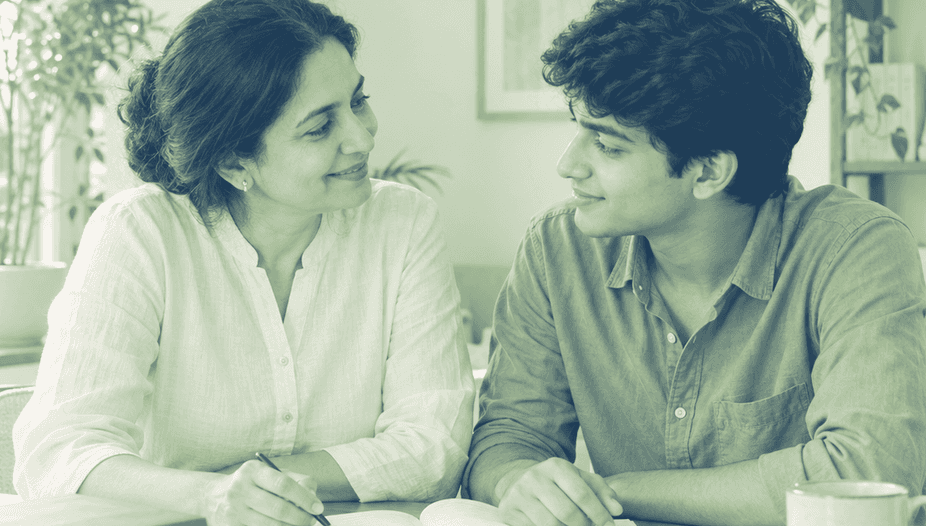 A mother and her teenage son smiling at each other at home